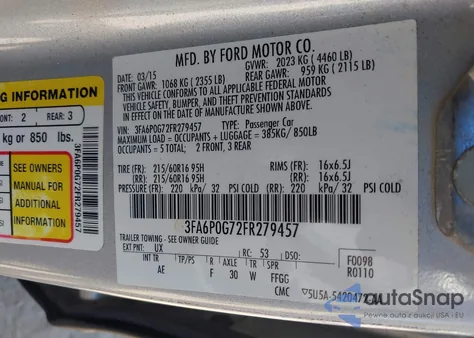 2015 Ford Fusion S из США, поврежденный, VIN 3FA6P0G72FR279457